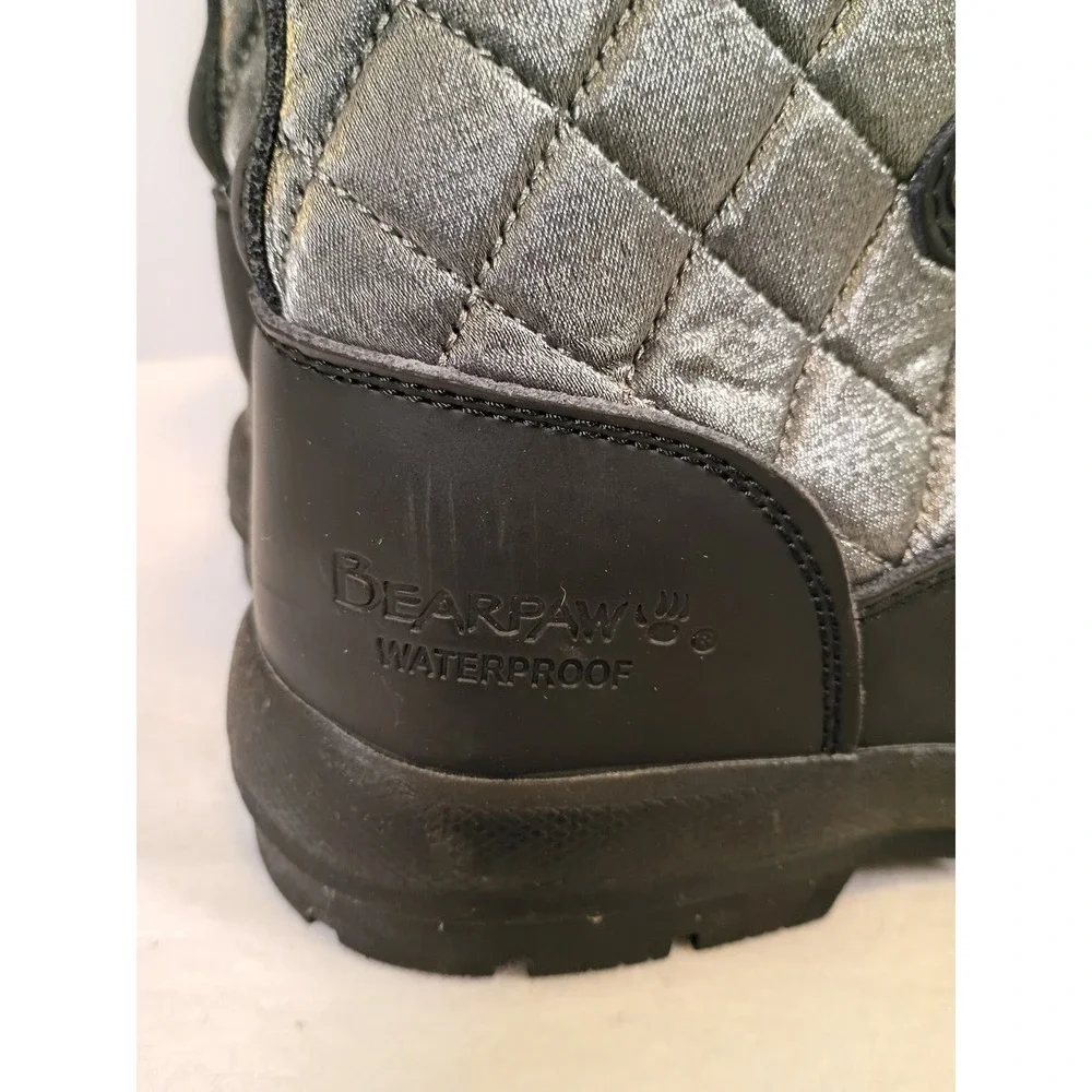 Wintercore Bearpaw Women 7 Black Silver Waterproof Quilted Faux Fur Snow Boots